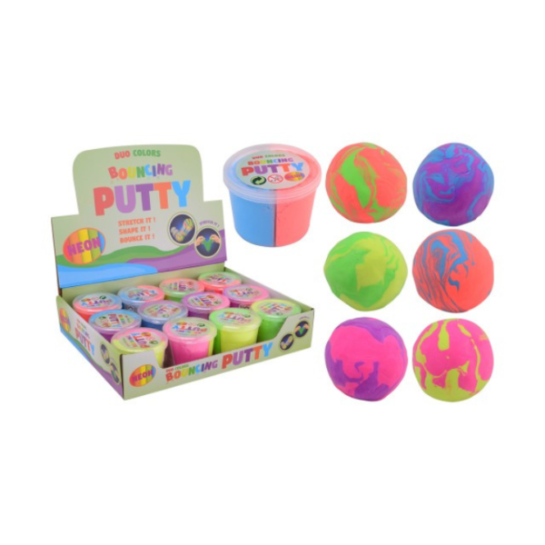 De Bouncing Duo Putty brengt plezier naar een hoger niveau! Deze unieke putty heeft twee verschillende texturen die samen een geweldige speelervaring bieden: één kant is perfect voor kneden en vormen, terwijl de andere kant een fantastische bounce heeft! Het maakt niet uit of je houdt van kneden of stuiteren, deze putty is het ideale speeltje voor zowel creatief spel als actieve ontspanning. Beschikbaar in 6 stralende neonkleuren, zodat je altijd een kleur kunt kiezen die je aanspreekt. Laat de Bouncing Duo Putty je fantasie prikkelen en geniet van urenlang plezier!