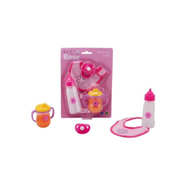 Maak de speeltijd van je kindje nog leuker met de Baby Rose Etenstijd Poppenspeelset! Deze schattige set van 4 accessoires zorgt ervoor dat je kindje met plezier voor haar pop kan zorgen, net zoals jij dat doet! De set bevat alles wat je nodig hebt voor een gezellige eetmoment: een fles, een slab, een fopspeen en een tuitbeker. Wat zit er in de set? Fles: Ideaal voor de voeding van de pop. Slab: Houdt de pop netjes tijdens het eten. Fopspeen: Voor de pop om lekker te rusten en te kalmeren. Tuitbeker: Voor de pop om haar dorst te lessen met een heerlijke slok. Deze set is perfect voor kinderen die dol zijn op rollenspel en hun eigen verzorging willen oefenen. Laat ze creatief zijn en hun verzorgingsvaardigheden ontwikkelen terwijl ze genieten van uren speelplezier