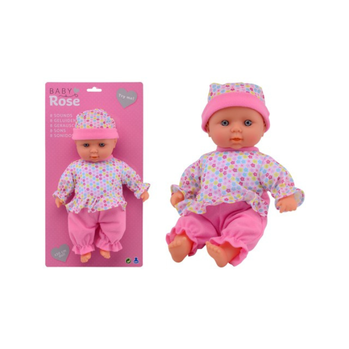 Maak kennis met de Baby Rose Babypop, de perfecte metgezel voor elke jonge poppenmoeder! Deze 30 cm grote pop is niet alleen schattig, maar maakt ook 12 verschillende babygeluiden, waardoor het spelen nog realistischer en leuker wordt.