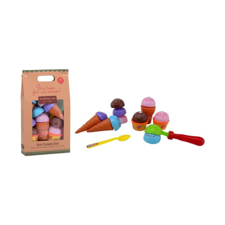 Breng de zomer en het plezier van een ijsje naar je eigen huis met deze magische ijsjes set! Deze complete set bevat alles wat je nodig hebt om de perfecte ijservaring te creëren – zonder dat je naar de ijssalon hoeft. De set komt met 3 kleurrijke hoorntjes, 9 ijsbolletjes in verschillende smaken, een ijslepel, 2 ijsbakjes en een handige ijsschep, alles netjes verpakt in een kartonnen tasje. Of je nu een lekker ijsje wilt maken voor een feestje of gewoon samen met vrienden of familie een magische ijstijd wilt beleven, deze set maakt het allemaal mogelijk! De set stimuleert creatief spelen en maakt het serveren van ijsjes extra leuk en kleurrijk.