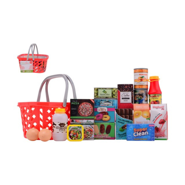Laat je kleintje de rol van winkelier spelen met deze vrolijke winkelmand vol boodschappen! Deze set bevat 19 kartonnen pakjes en plastic flesjes of blikjes, waarmee je kind zijn of haar eigen winkelervaring kan nabootsen. Ideaal voor urenlang spelplezier en perfect voor het stimuleren van de verbeelding, terwijl ze tegelijkertijd leren over dagelijkse boodschappen.