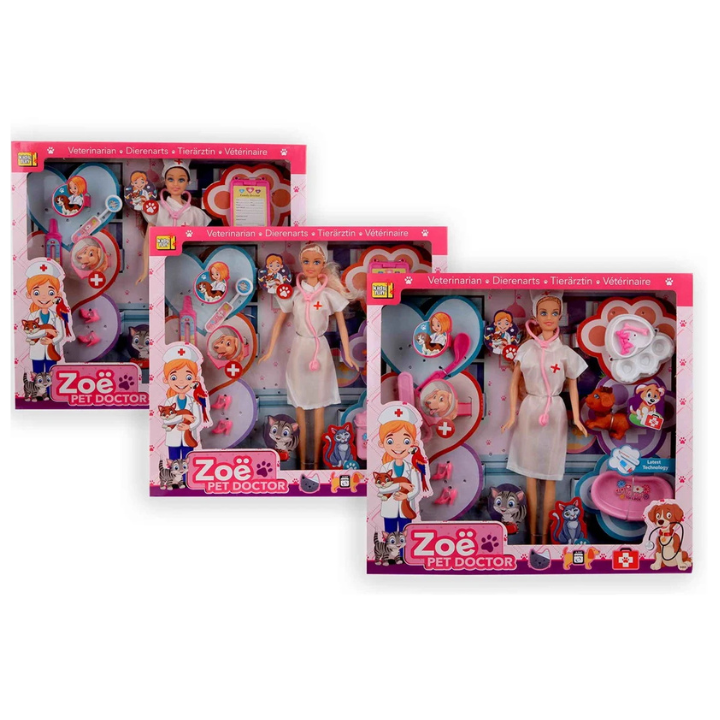 Ontmoet Dierenarts Zoe, de perfecte pop voor jonge dierenliefhebbers! Deze 30 cm lange pop komt in drie assorti stijlen, zodat je kunt kiezen welke Zoe het beste bij jou past. Met haar medische accessoires en zorgzame uitstraling is Zoe altijd klaar om haar dieren te helpen en nieuwe zorgavonturen te beleven.