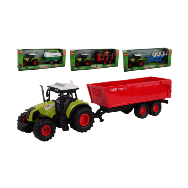 Laat de boerderij tot leven komen met deze Trekker met Werktuig! Deze veelzijdige speelgoedtrekker wordt geleverd met een keuze uit verschillende werktuigen: een ploeg, giertank, boomstammen of kiepkar. Bovendien beschikt de trekker over licht en geluid, waardoor het speelplezier nog realistischer wordt.