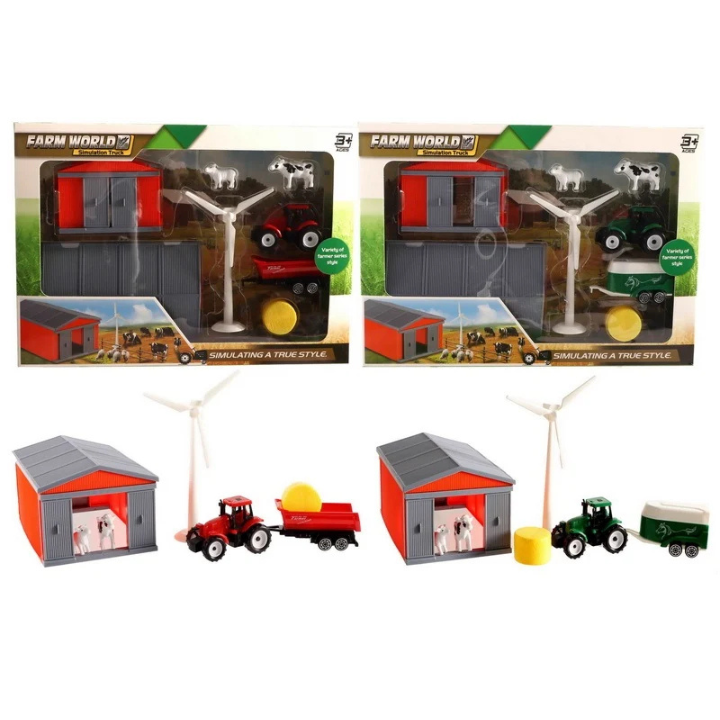 Breng het boerenleven tot leven met deze boerderijset! Deze complete set bevat alles wat je nodig hebt voor een actief boerderijspel, inclusief een schuur, windmolen, trekker met kar, hooibaal, lammetje en kalfje. Alles is gemaakt van stevig plastic, zodat het ideaal is voor langdurig speelplezier.