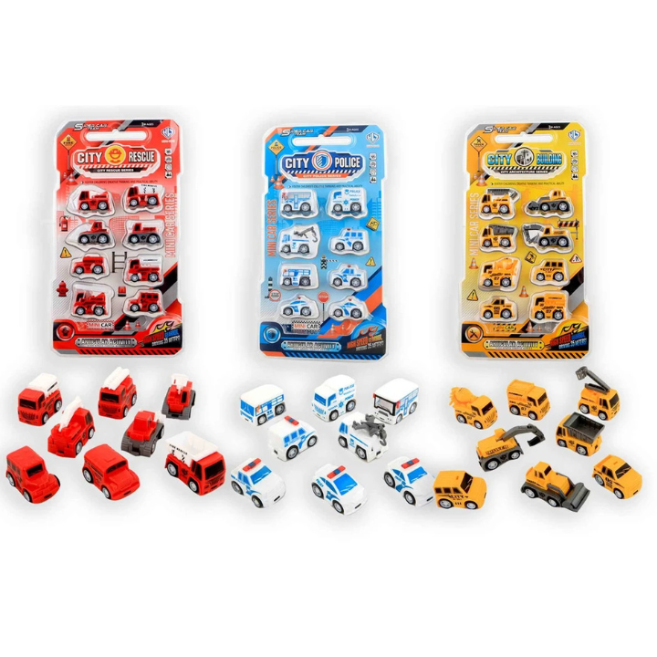 Laat je kind de stad tot leven brengen met deze fantastische set van 8 voertuigen! De set bevat stoere politieauto’s, brandweerwagens en bouwvoertuigen die perfect zijn voor elk avontuur. Of het nu gaat om spannende reddingsacties of het bouwen van nieuwe steden, deze voertuigen zijn ideaal voor urenlang speelfun.