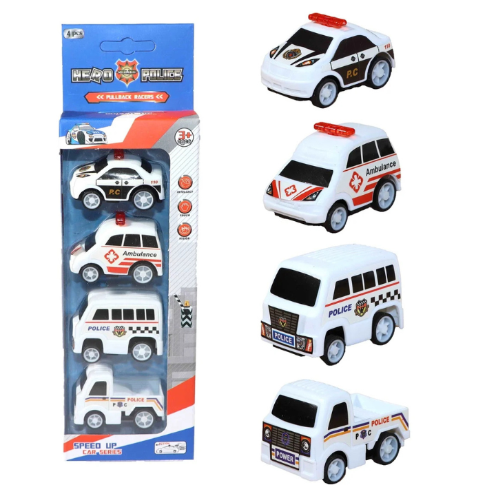 Laat je kleine politiedetective de stad patrouilleren met deze stoere politie autotjes! Dit set van 4 autootjes in een doosje brengt de spanning van de politieachtervolging naar het speelplezier van elke kinderkamer. De autootjes zijn 5,5 cm groot, perfect voor kleine handjes en urenlang speelfun.