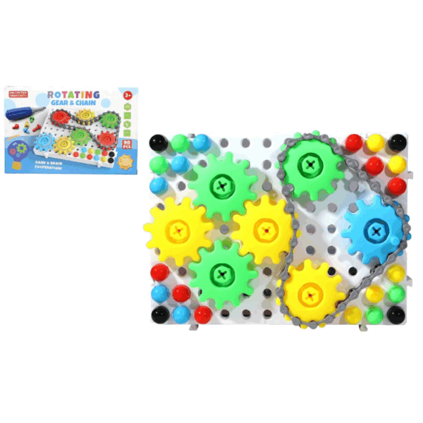 Laat kinderen bouwen, verbinden en ontdekken met deze uitdagende en leerzame constructieset van 98 onderdelen. Dankzij de roterende tandwielen, steekknopjes en ketting kunnen ze zelf bewegende systemen maken en spelenderwijs kennismaken met techniek en oorzaak-gevolg.
