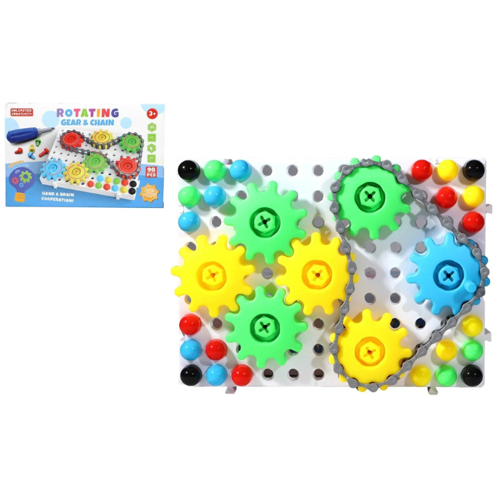 Laat kinderen bouwen, verbinden en ontdekken met deze uitdagende en leerzame constructieset van 98 onderdelen. Dankzij de roterende tandwielen, steekknopjes en ketting kunnen ze zelf bewegende systemen maken en spelenderwijs kennismaken met techniek en oorzaak-gevolg.