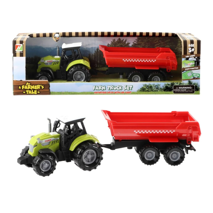Maak boerderijavonturen nog leuker met deze trekker met aanhanger! Met een indrukwekkende lengte van 24 cm en voorzien van licht en geluid, biedt dit speelgoed urenlang speelplezier. De trekker en aanhanger zijn ideaal voor kinderen die houden van voertuigen en interactieve speelfuncties.