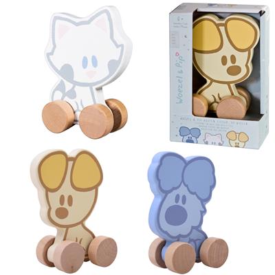 Woezel en Pip houten wielfiguren.